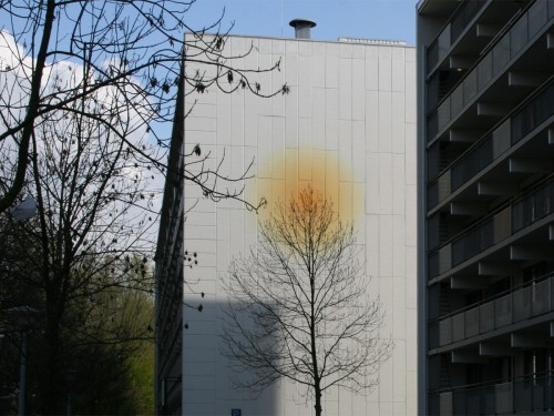 Artwork, mural, kunstproject van een muurschildering van Aam Solleveld in hoofddorp, groot formaat schilderen op hoogte, gemaakt door Iwaarden